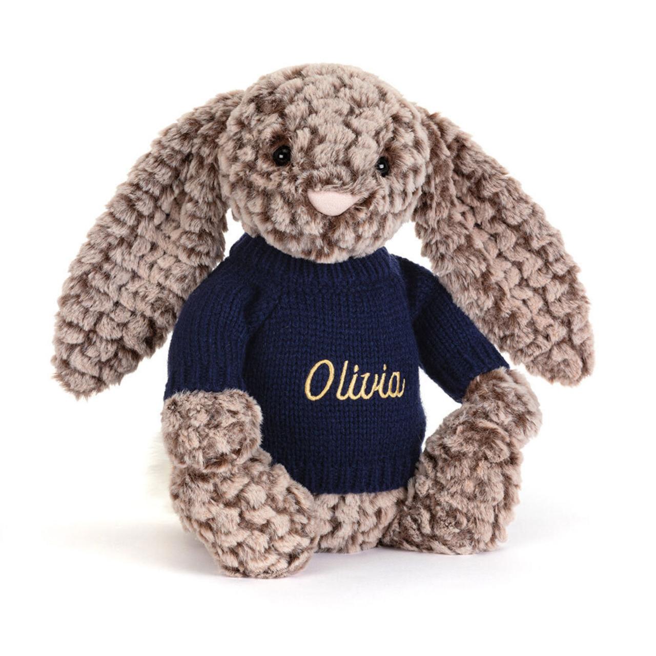 Image of Bashful Luxe Bunny Pine with Personalised Navy Jumper variant 1