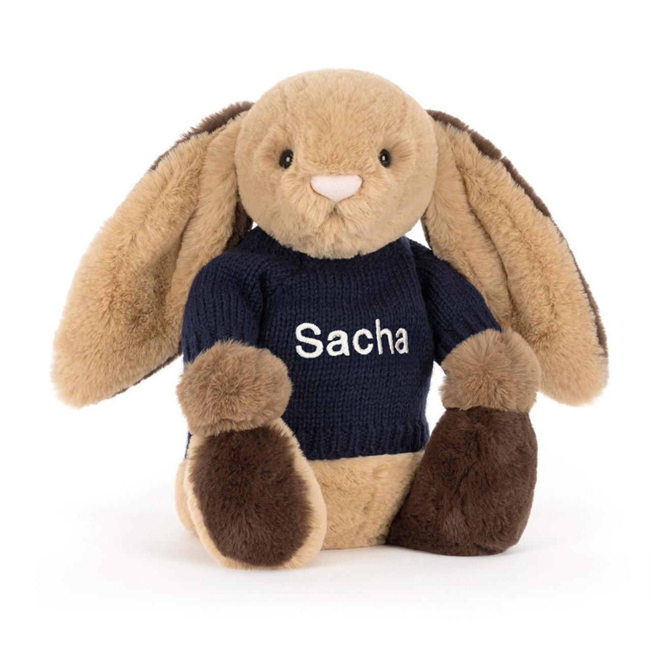 Image of Bashful Patchwork Brown Bunny With Personalized Navy Jumper variant 1