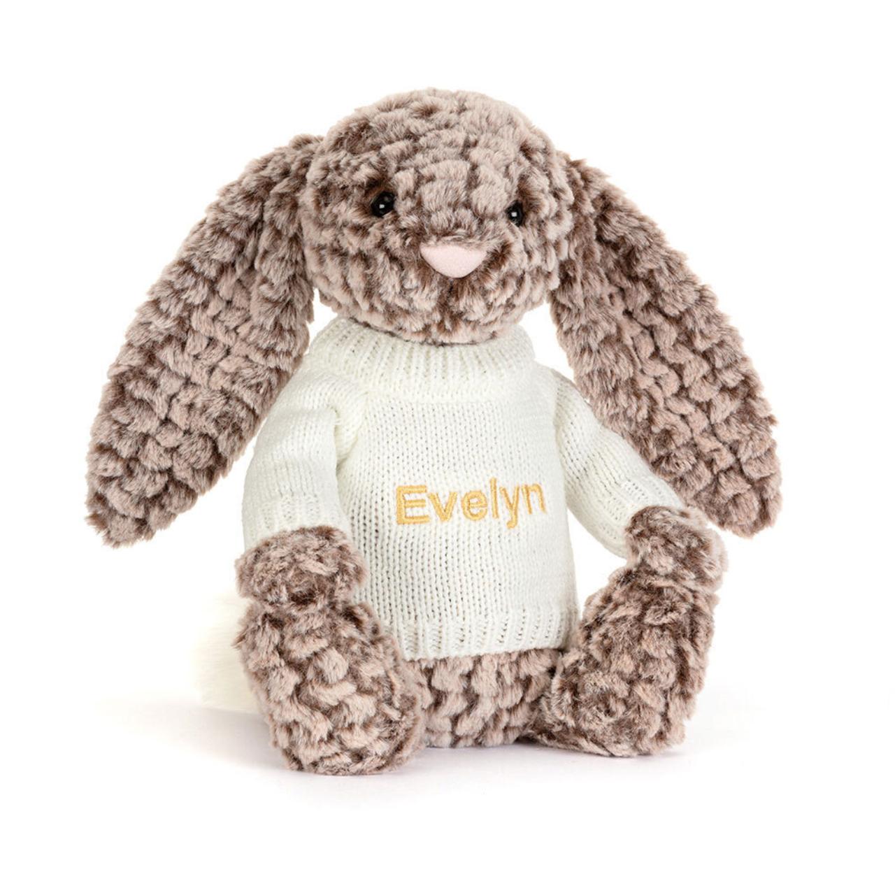 Image of Bashful Luxe Bunny Pine with Personalised Cream Jumper variant 1